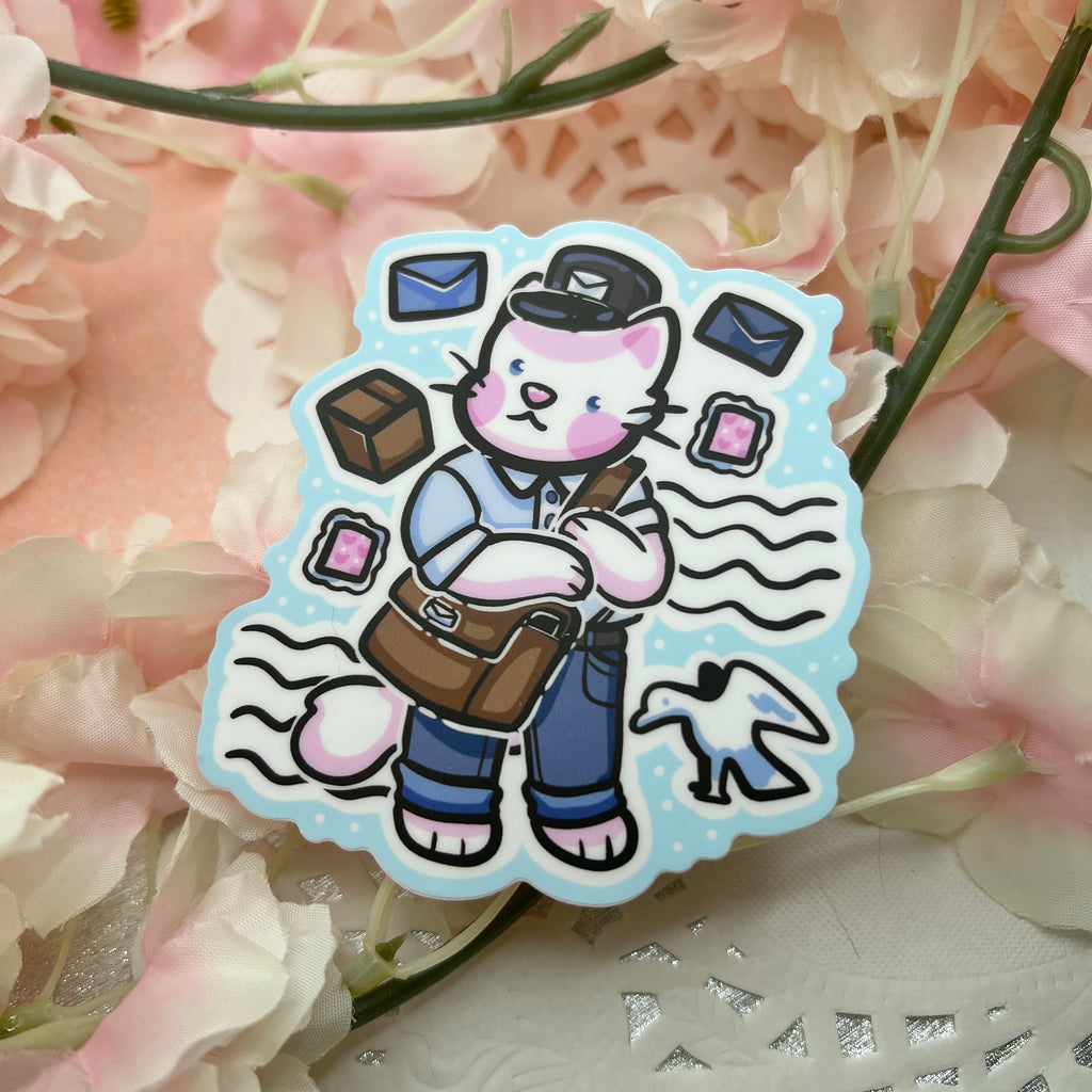 A sticker of a cat in a mail uniform and bag with stamps and boxes around them