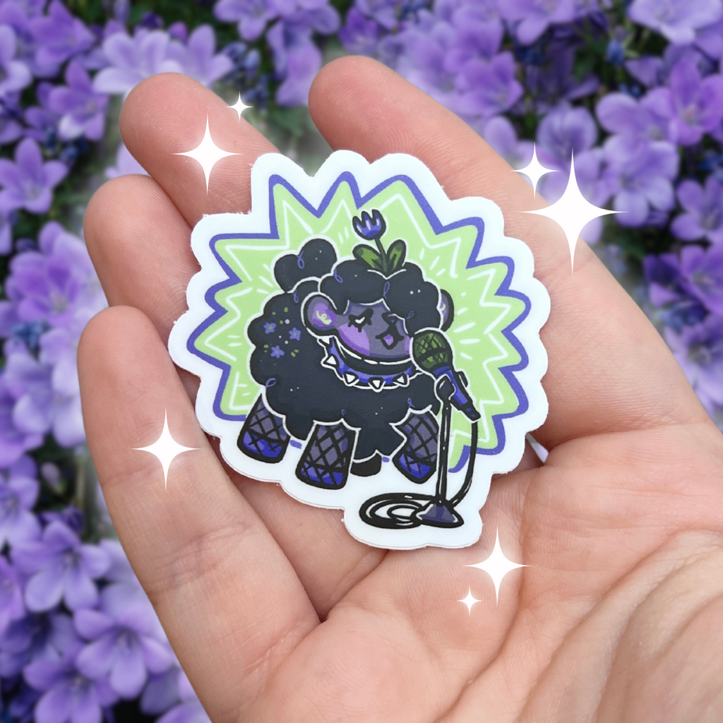 A sticker of Violet, the edgy singer sibling of Sprout, proudly singing into a microphone, with an explosive and jagged green and purple shape behind her