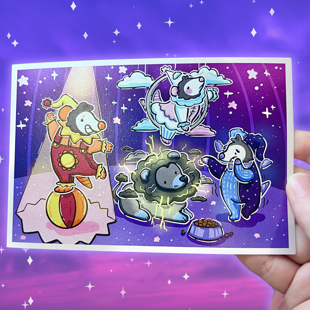 a print of three weather themed clown opossums (sun, cloud, rain) along with a storm themed lion, each doing their clown acts