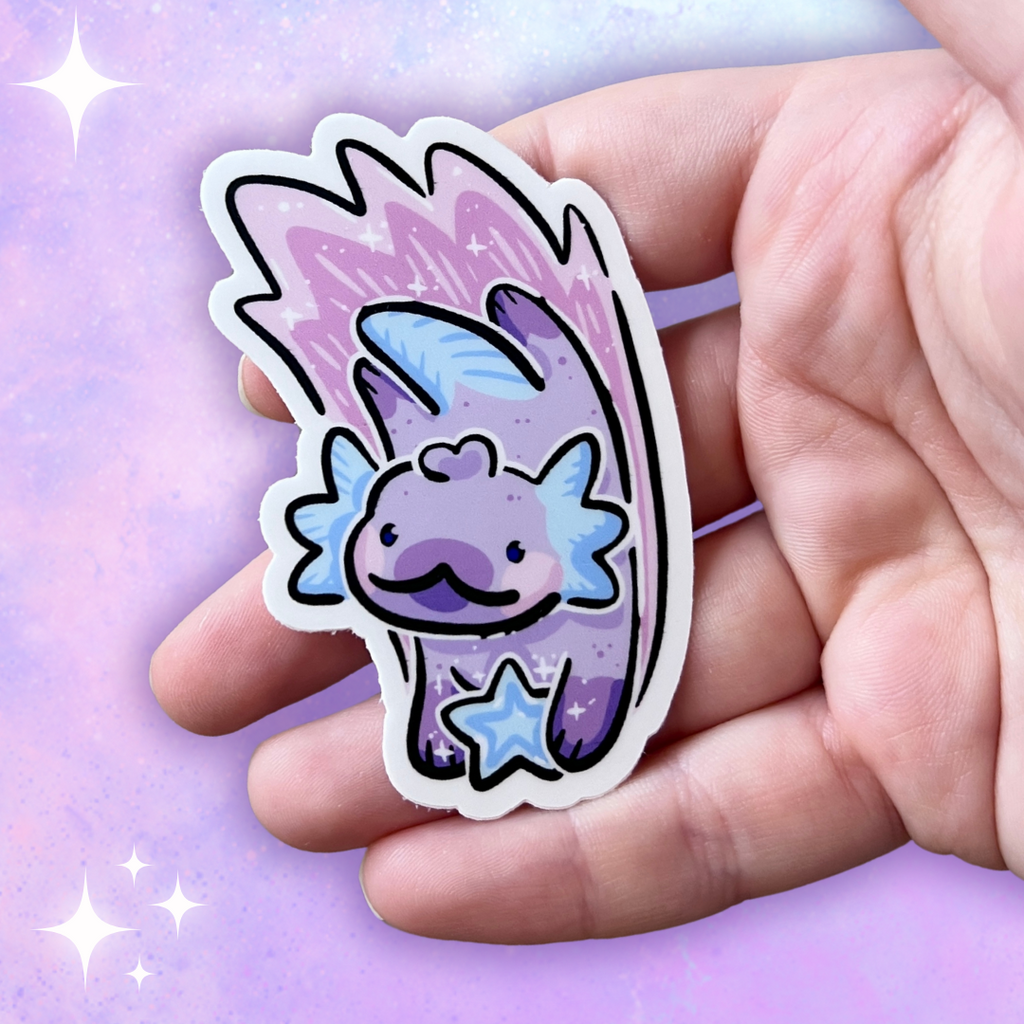 a sticker of an axolotl holding a blue shooting star- the axolotl is pastel purple and blue