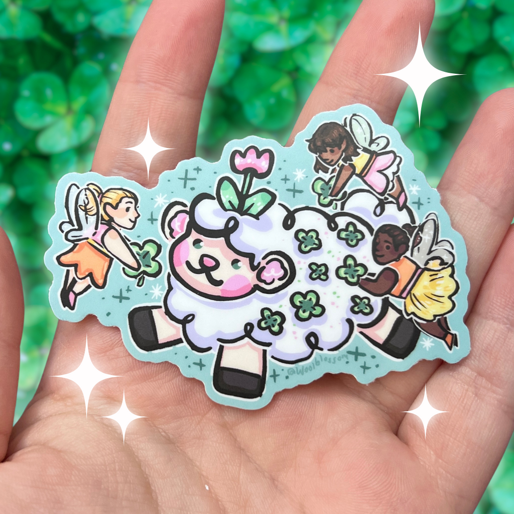 A sticker of sprout the sheep having clovers put in their wool by 3 fairies