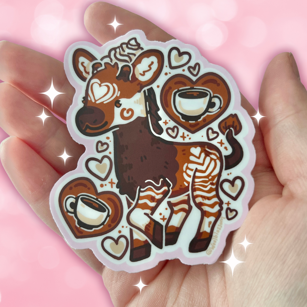 A sticker of an okapi that is latte themed