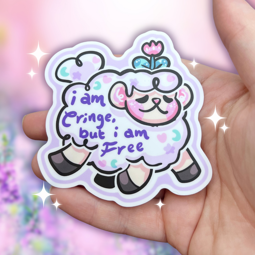 A sticker of sprout the flower sheep mid gallop, with purple text on their wool that says "i am cringe, but i am free"