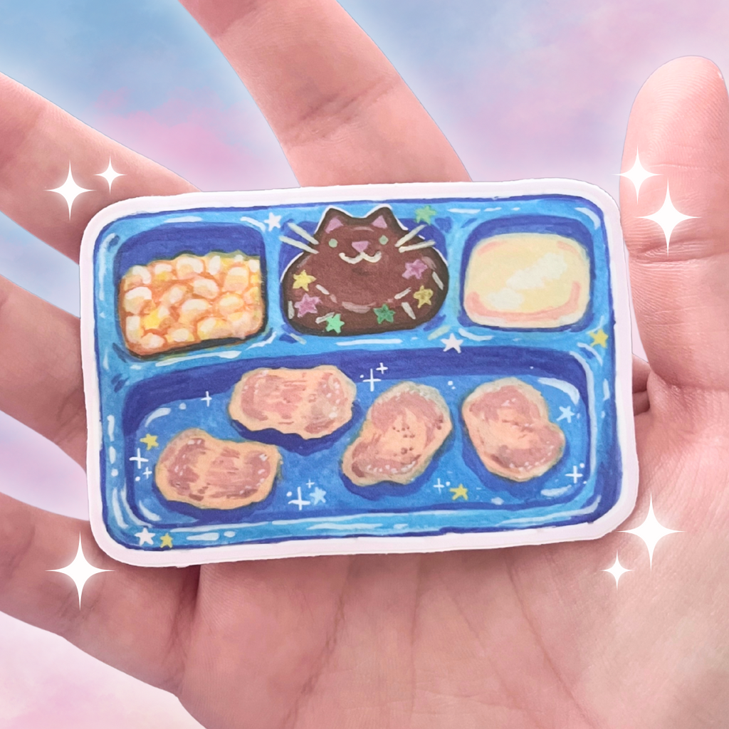 Sticker of a cartoon cat in a tv dinner held in a hand with a colorful background