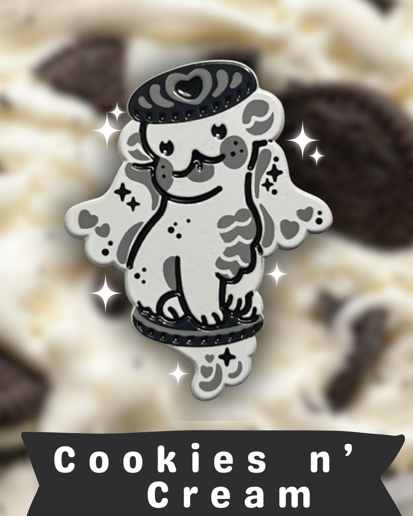 Decorative pin with a cartoon character cookie dragon on a blurred background with cookies. "cookies and cream"