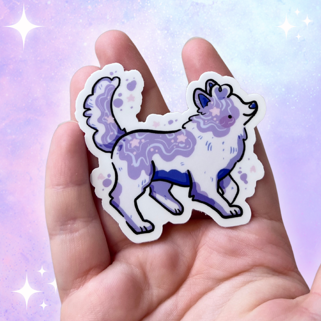 a sticker of a collie but the pattern is white with purple paint like splotches