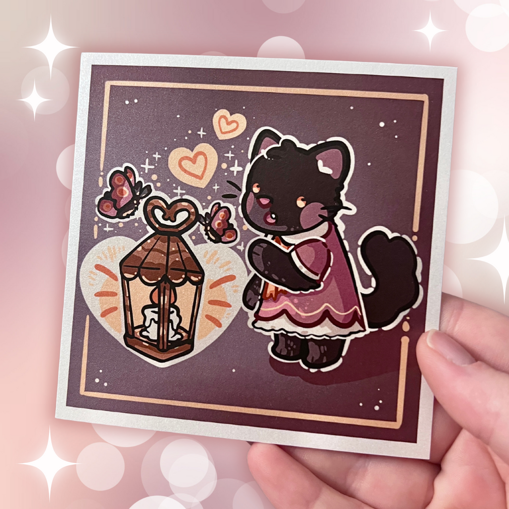 A print of a black cat in a dark rose pink dress reaching out in wonder at a lantern, moths around it, and a heart shape glow