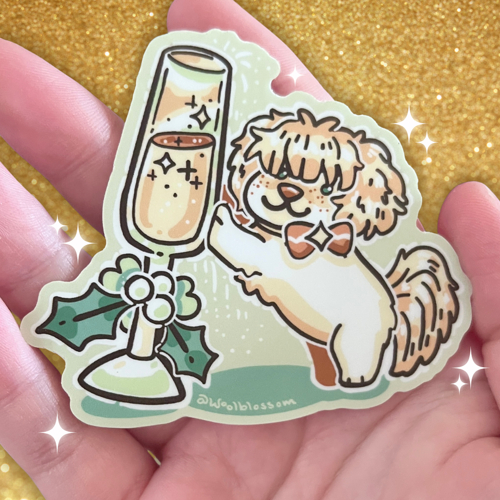 A sticker of a pale yellow dog holding a champagne cup