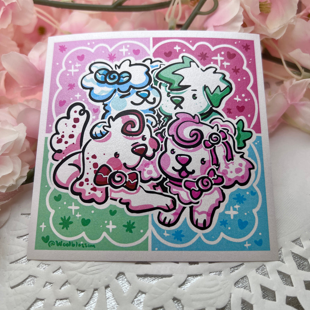 A sticker of 4 peppermint themed puppies