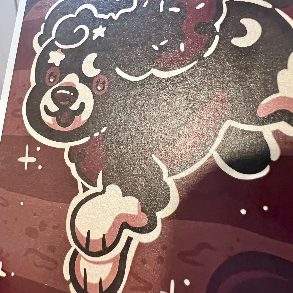 A print of a midnight chocolate cake based puppy, dark brown with cream accents like stars and moons, jumping in front of a pattern that resembles alternating frosting and cake