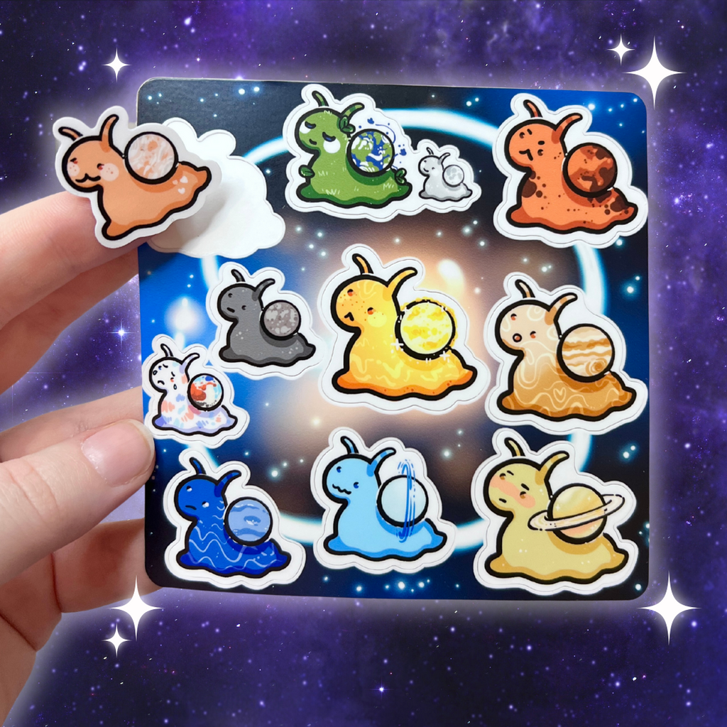 A sticker sheet of each planet and the sun turned into a snail!