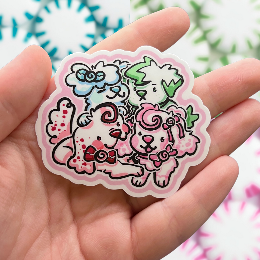 A sticker of 4 peppermint themed puppies