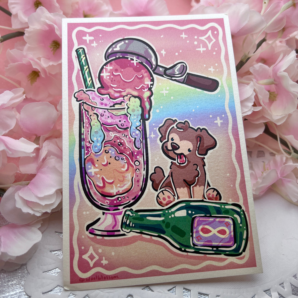 A cream print of a cute brown dog next to a rainbow ice cream soda float, rainbow in the background, and a green "8" soda bottle