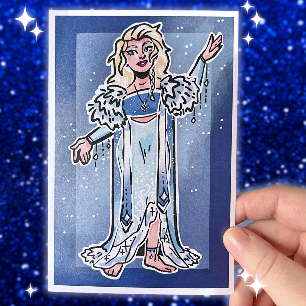 Illustration of a princess in a blue dress held against a starry blue background