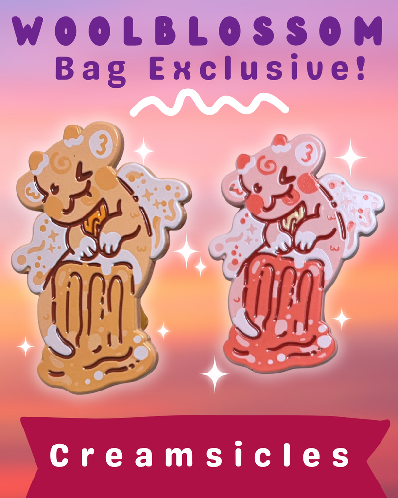 Two enamel pins of creamsicle dragons with 'Woolblossom' bag exclusive branding on a gradient background.