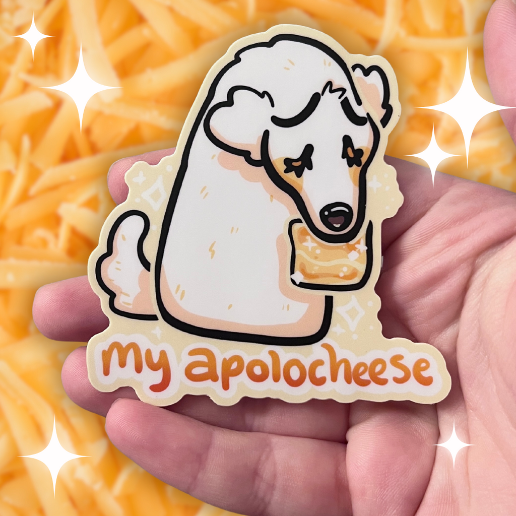 A sticker featuring a VERY sorry borzoi puppy offering a simple slice of cheese to say sorry with text that says "my apolocheese"