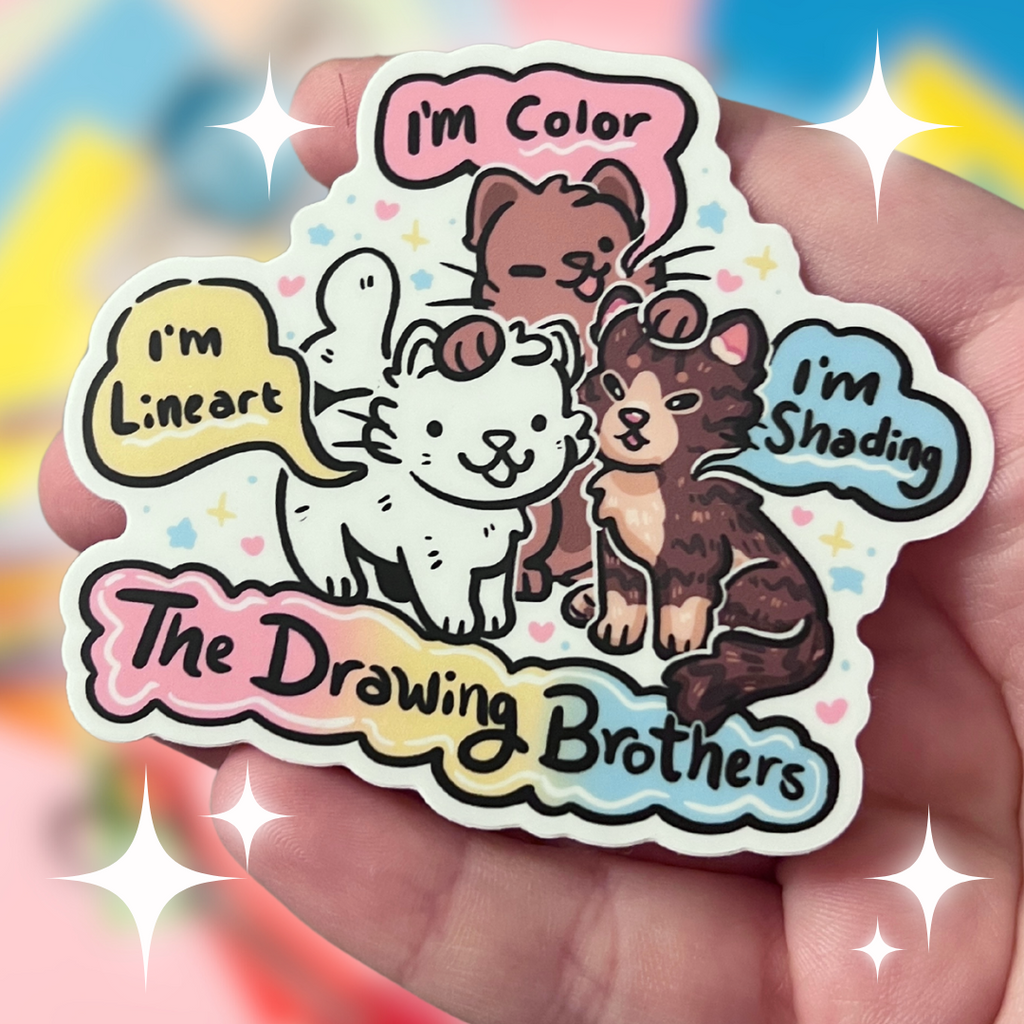 A sticker of the drawing brothers, color, line-art, and shading who are all cats