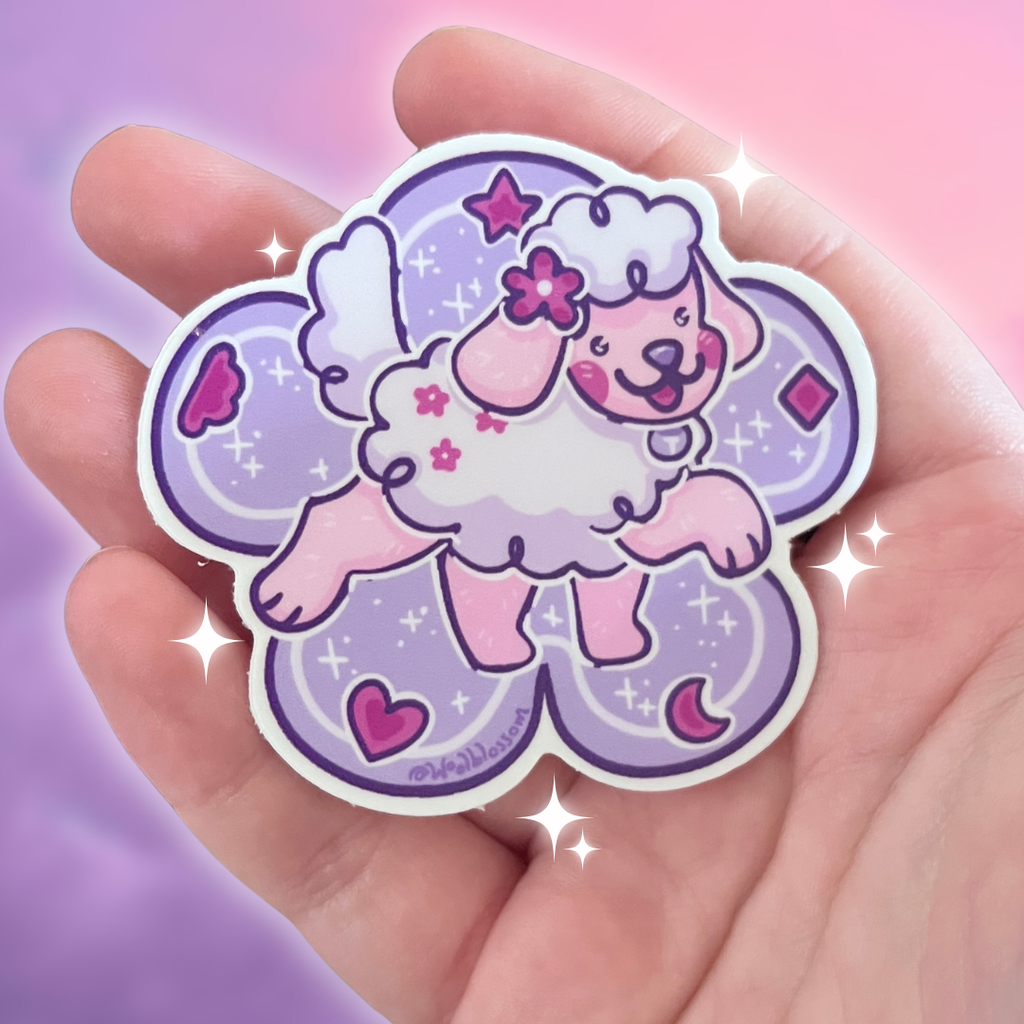 a sticker of a sheep dog posing in front of a flower shape
