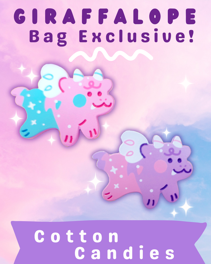 Two enamel pins of cotton candy dragons with 'giraffalope' bag exclusive branding on a gradient background.