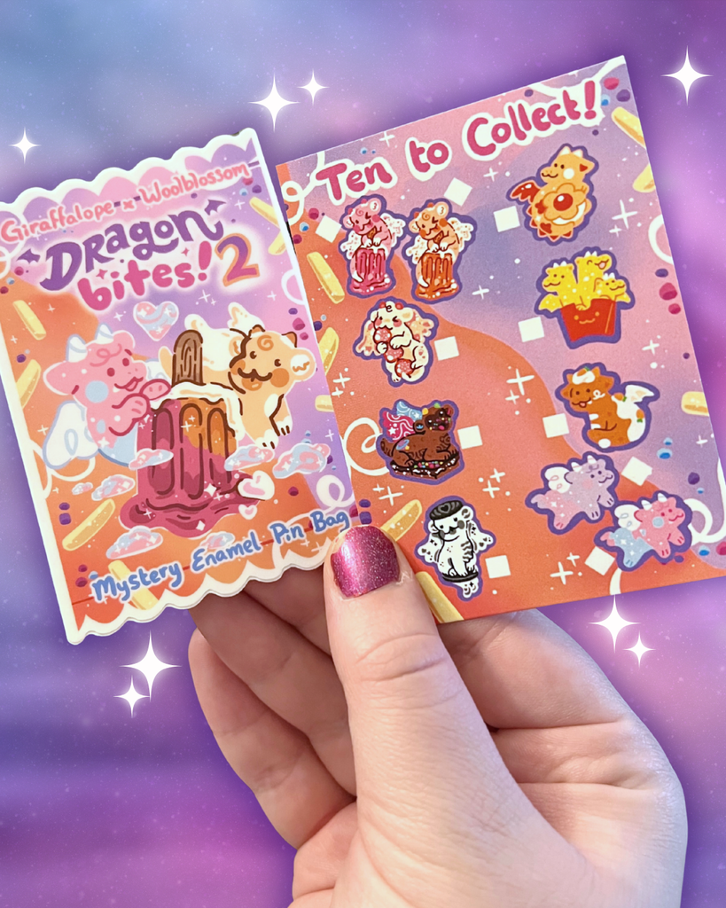 Two colorful enamel pin bags with cartoon characters on a purple background