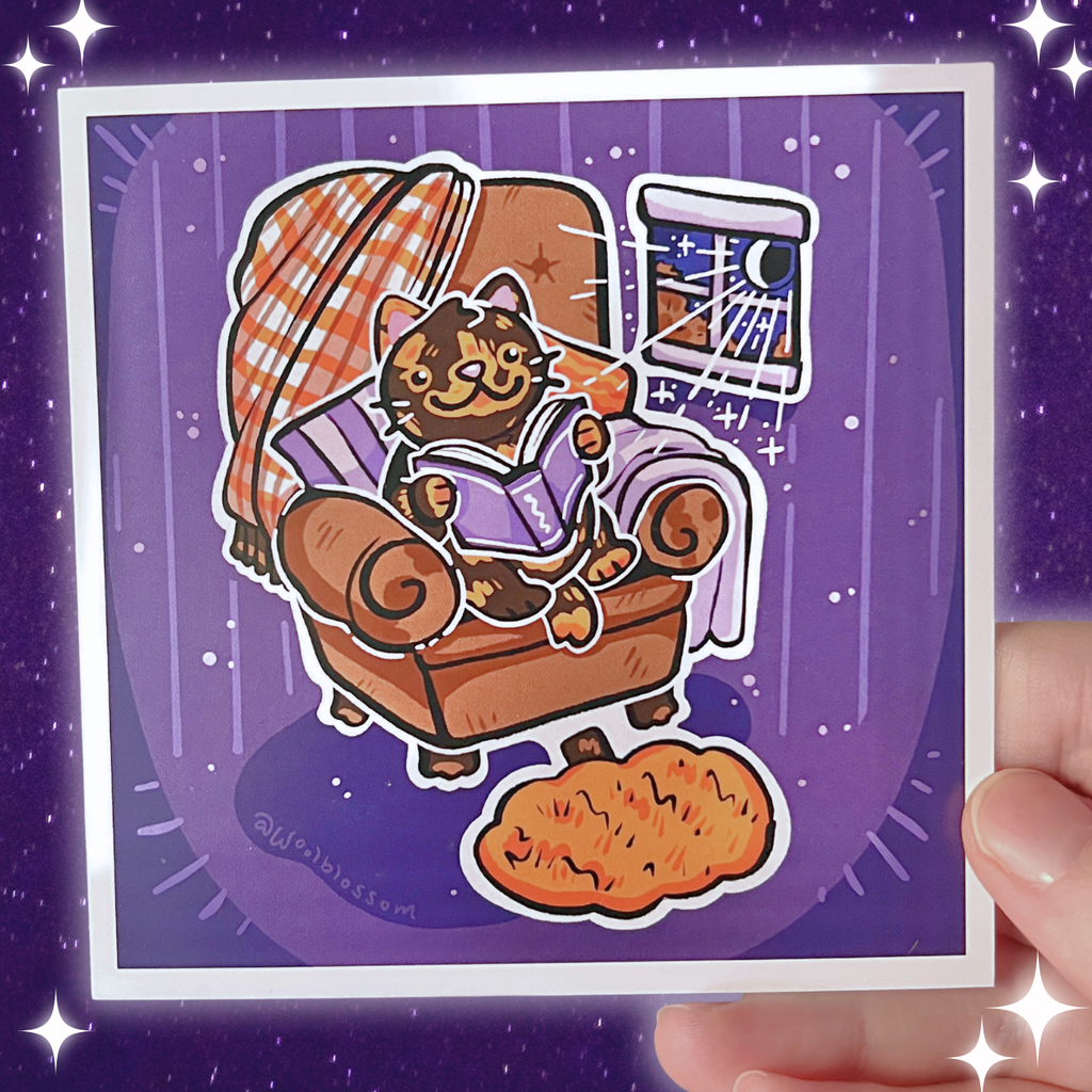Illustration of a cat lounging on a chair with a book, held against a purple background.