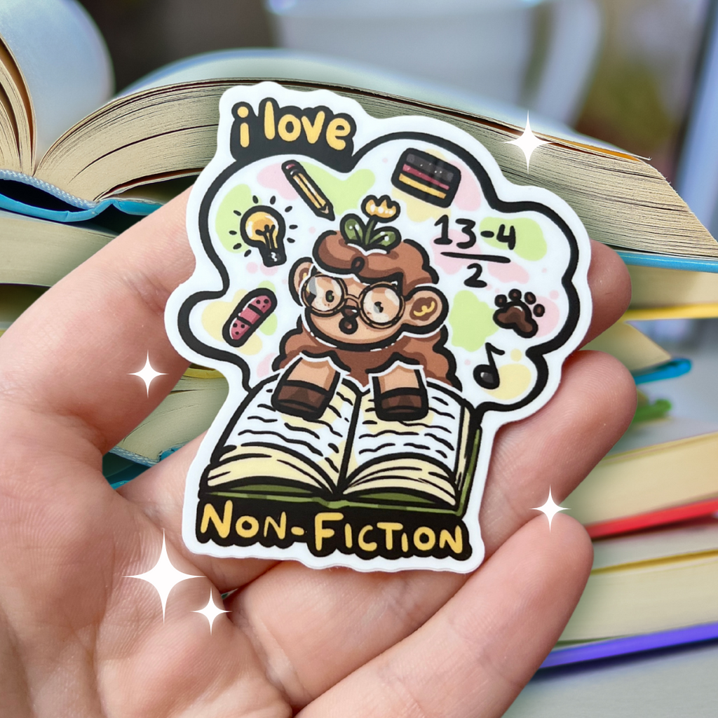 A book genre inspired sticker that says "I love non-fiction" and features sage the sheep reading with various symbols around him