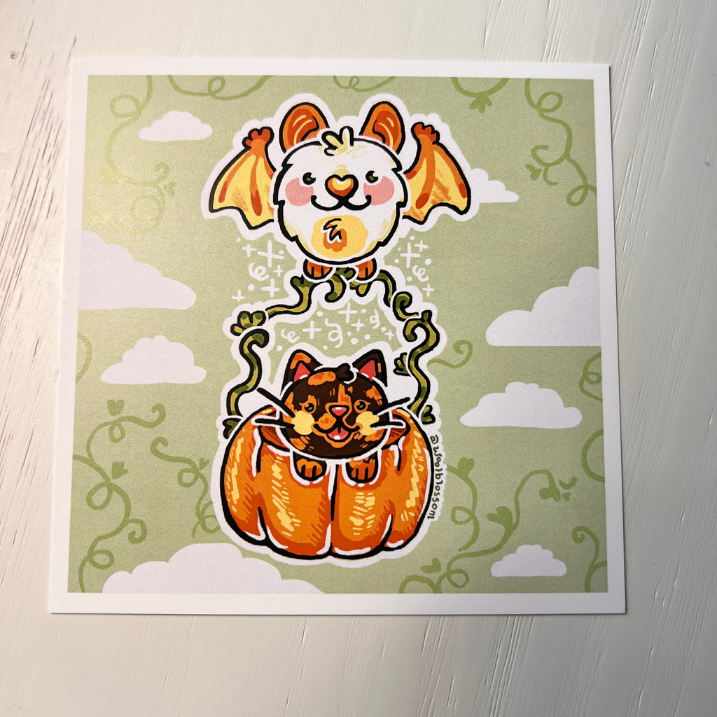 Print with cartoon cat in a pumpkin and bat on a green background