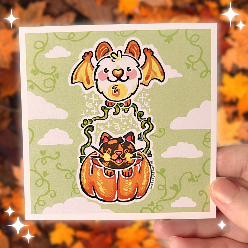 Print with cartoon cat in a pumpkin and bat on a green background