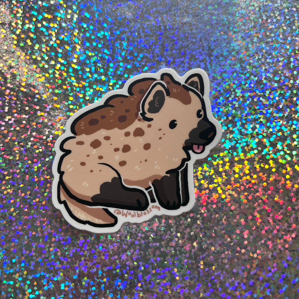 Cartoon hyena sticker on a glittery background