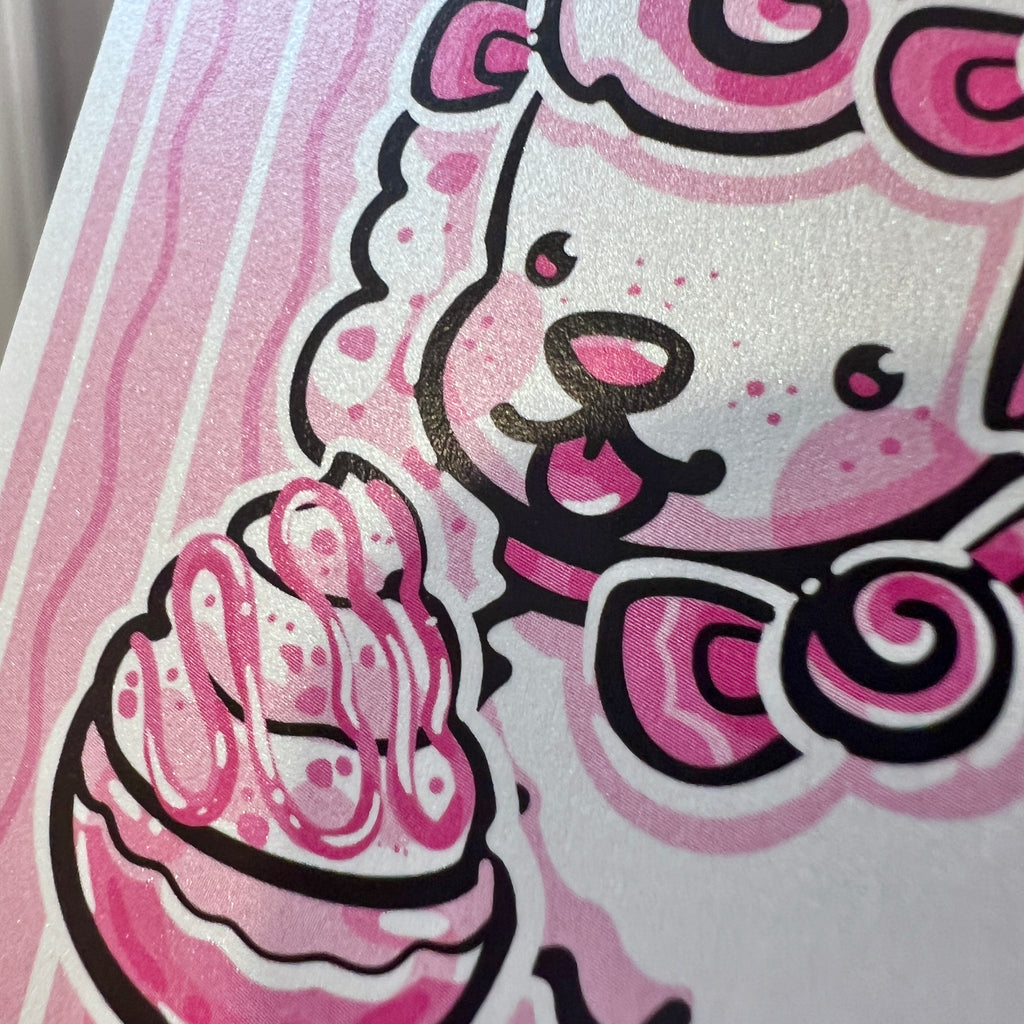 A print of a white puppy with pink accents and bows eating ice cream