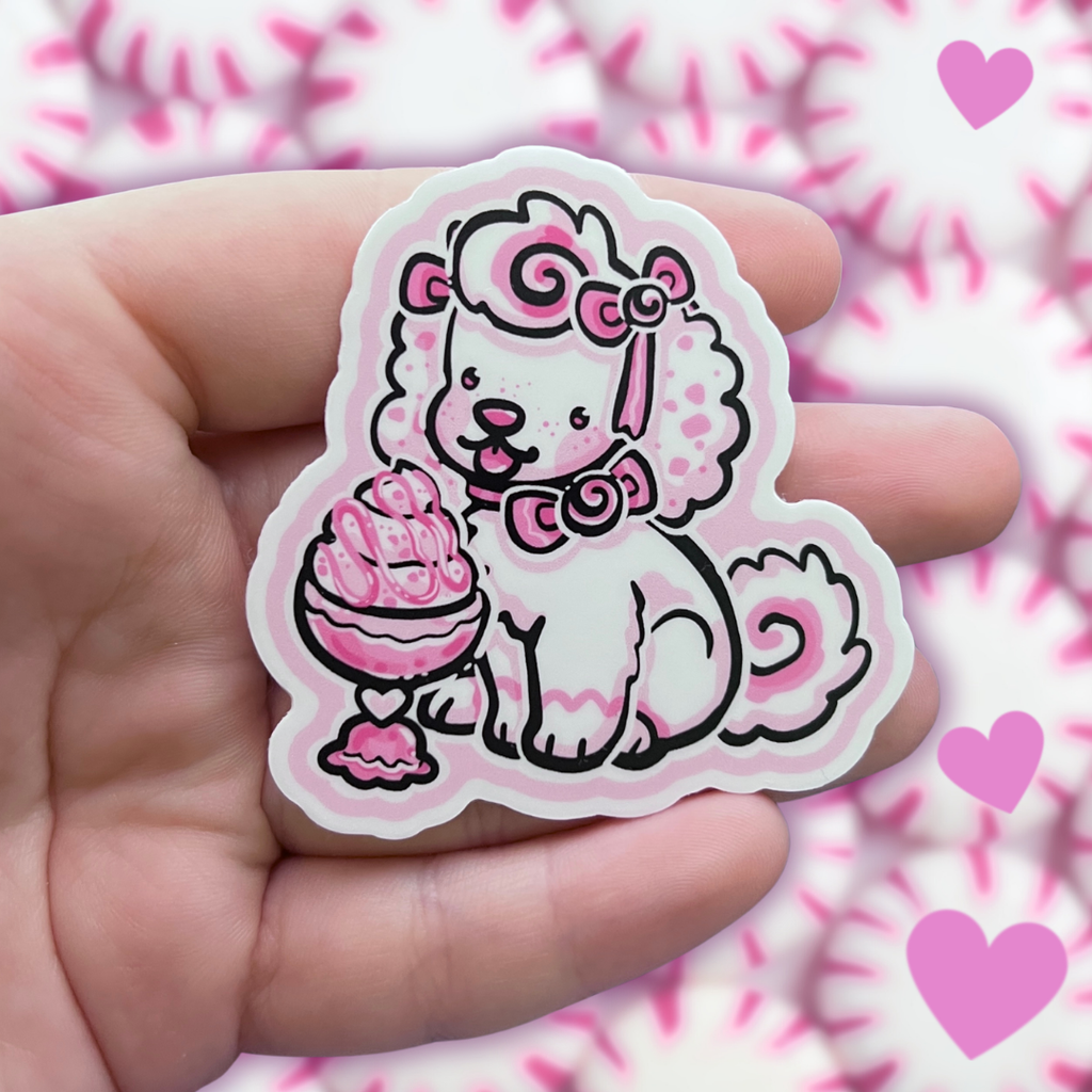 A sticker of a white puppy with pink accents and bows eating ice cream