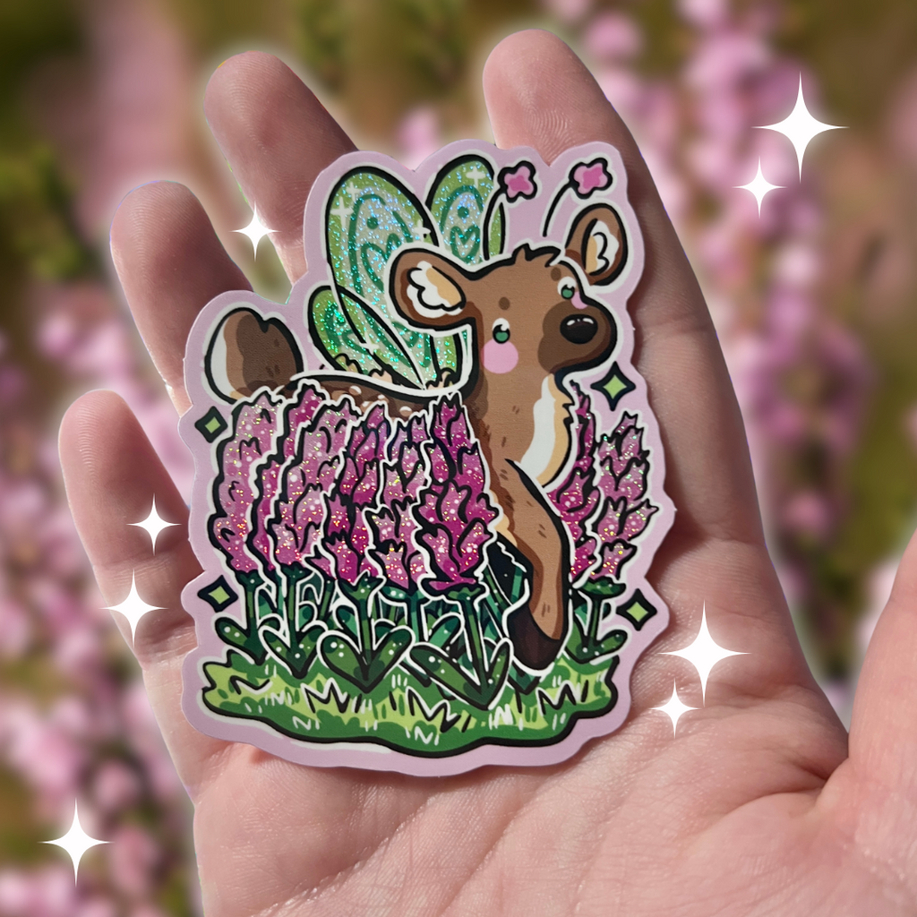 A sticker of a deer that is a fairy standing in a patch of heather flowers