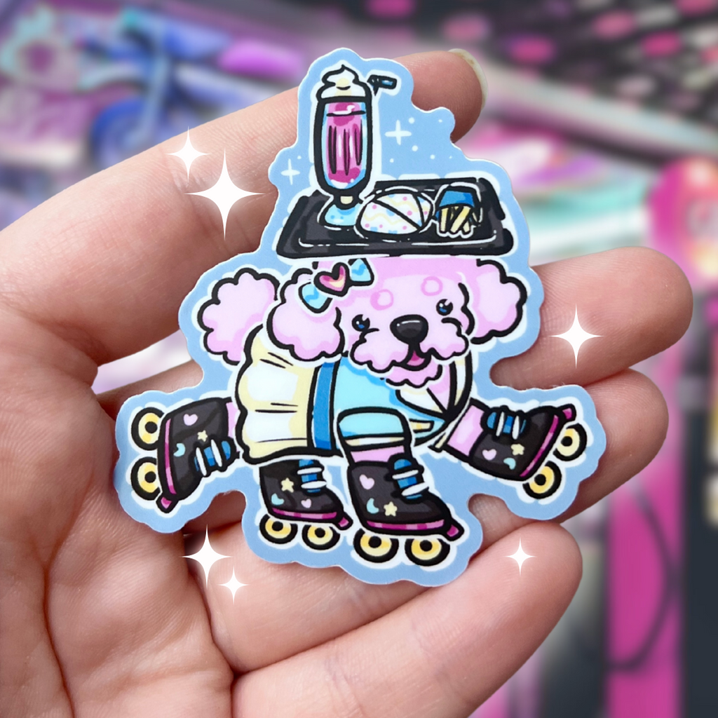 A sticker of a poodle dressed in a diner uniform on roller skates with a burger order on her head