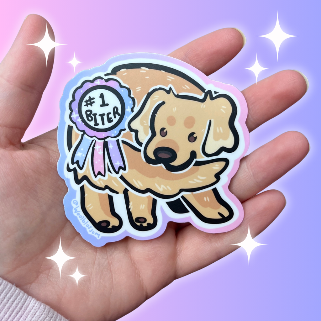 A sticker of a golden retriever with a tail in its mouth and medallion that says "#1 biter"