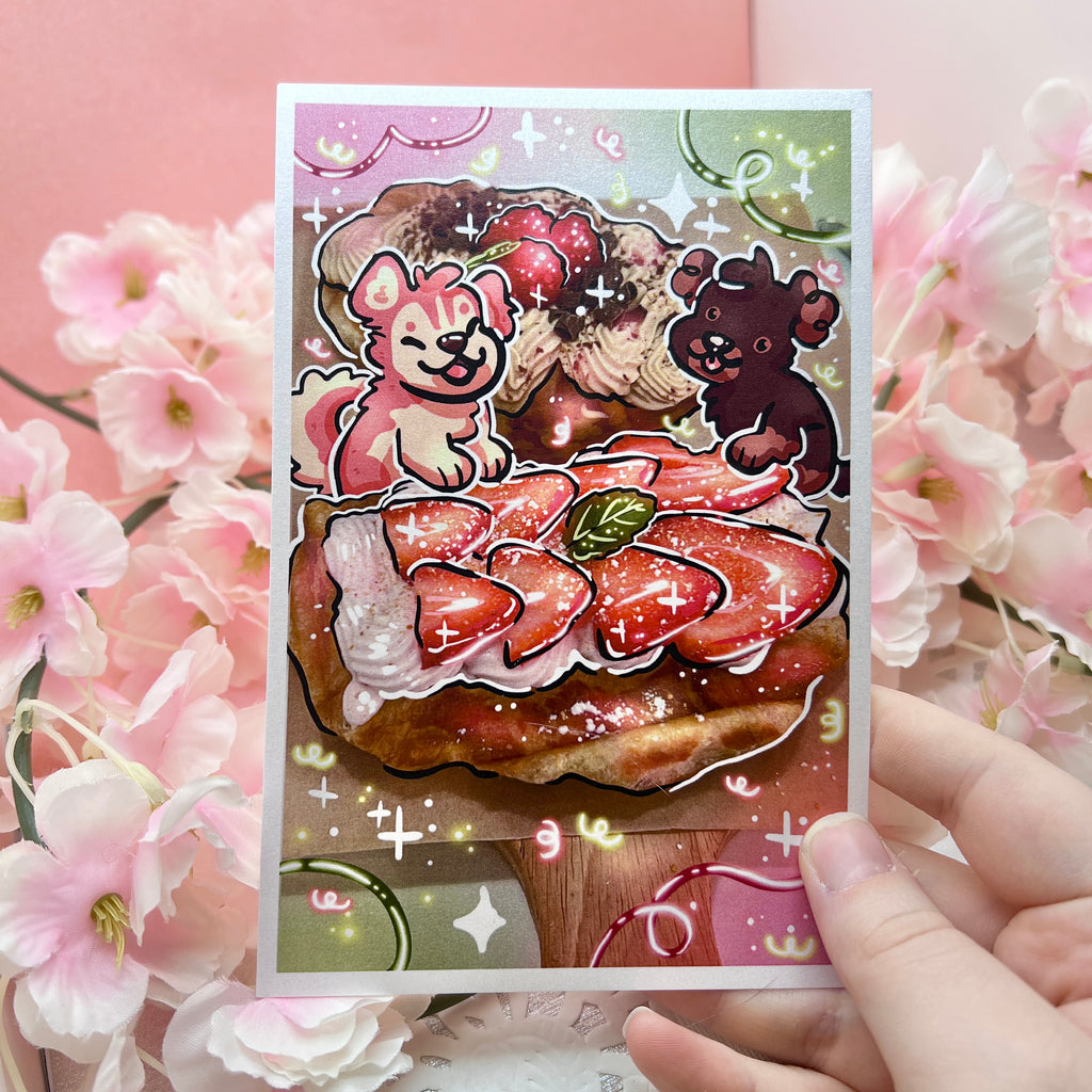 A print that is a draw over of a photo of two waffles with strawberries, the draw over adds sparkles and two dogs sharing them