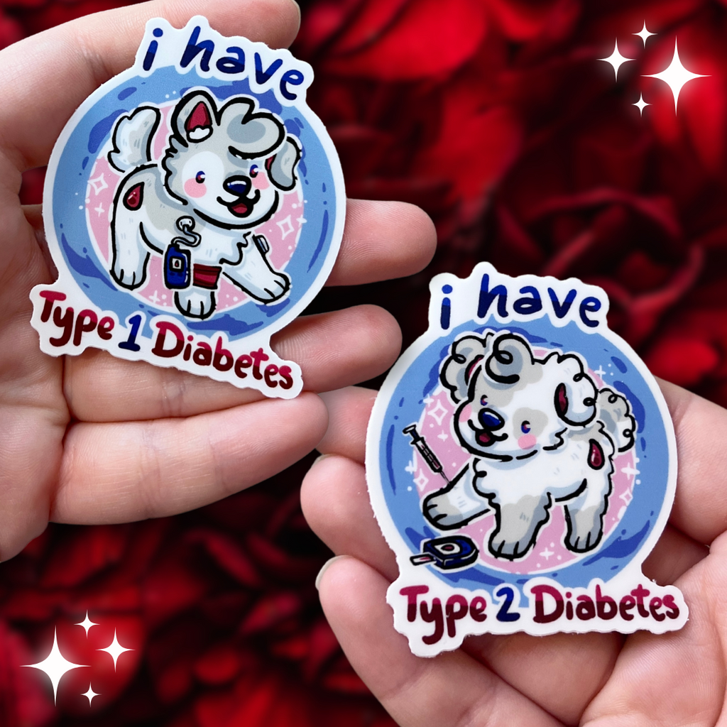 two stickers, one that says "I have type one diabetes" and one for type two. Each sticker has its individual text as well as a puppy. Type one features a glucose monitor and type two has a needle and blood reader.