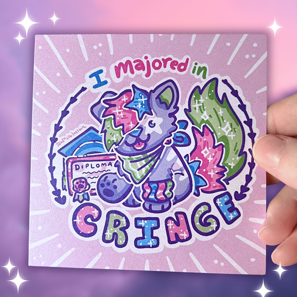 Print with cartoon sparkle dog and text 'I majored in cringe' on a purple background