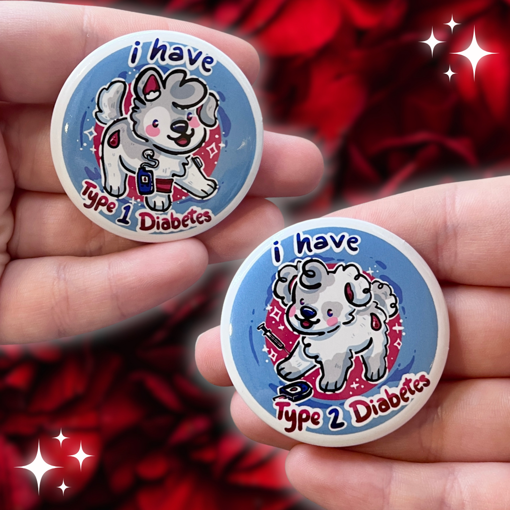 two buttons, one that says "I have type one diabetes" and one for type two. Each sticker has its individual text as well as a puppy. Type one features a glucose monitor and type two has a needle and blood reader.