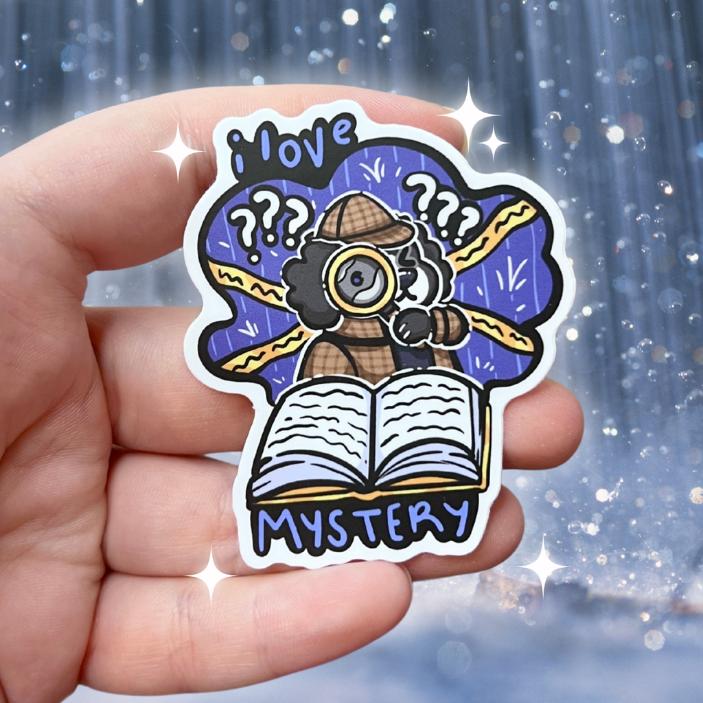 A book genre inspired sticker that says "I love mystery" and features a detective dog