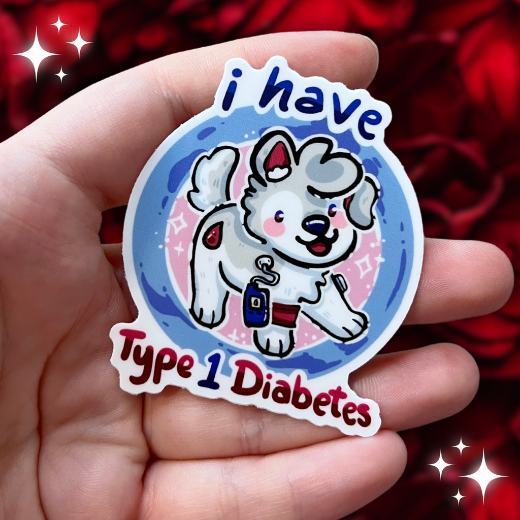 a sticker that says "I have type one diabetes" as well as a puppy. It also features a glucose monitor.