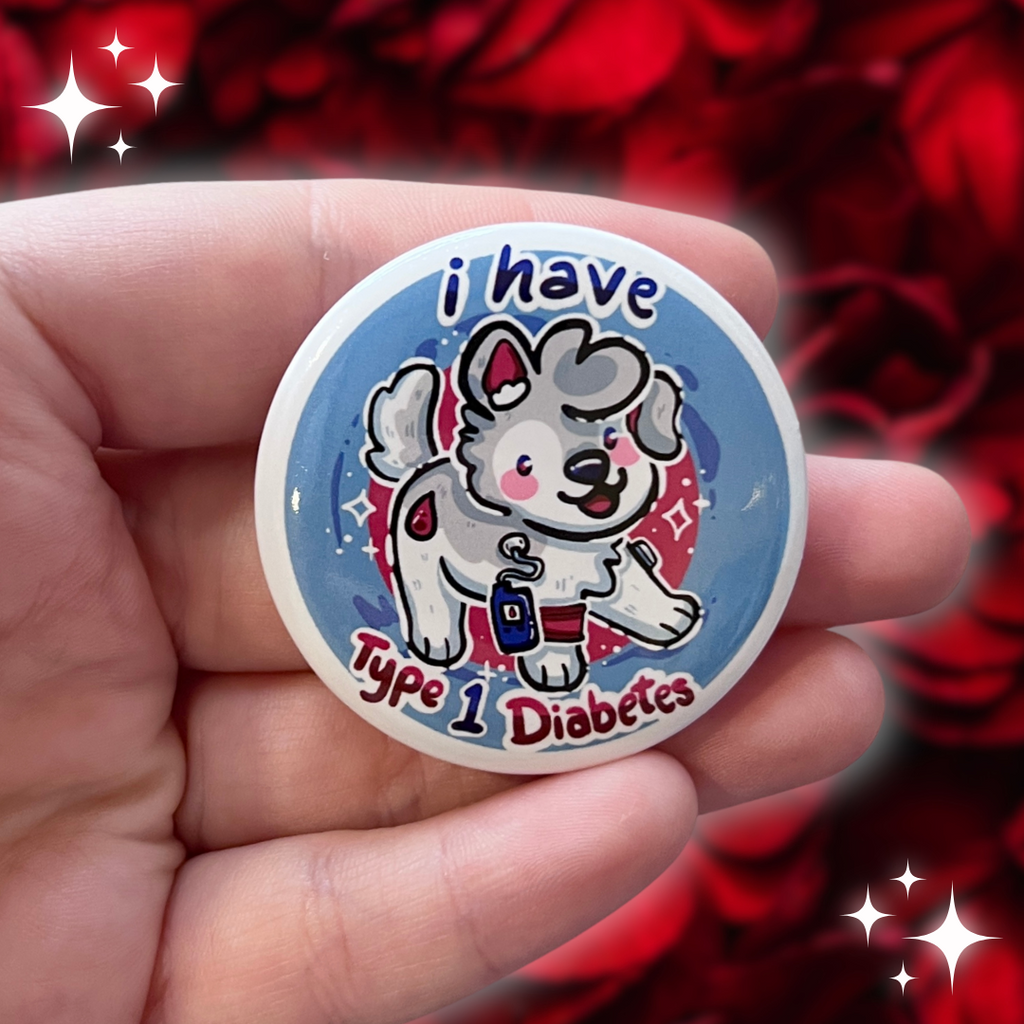 a button that says "I have type one diabetes" as well as a puppy. It also features a glucose monitor.