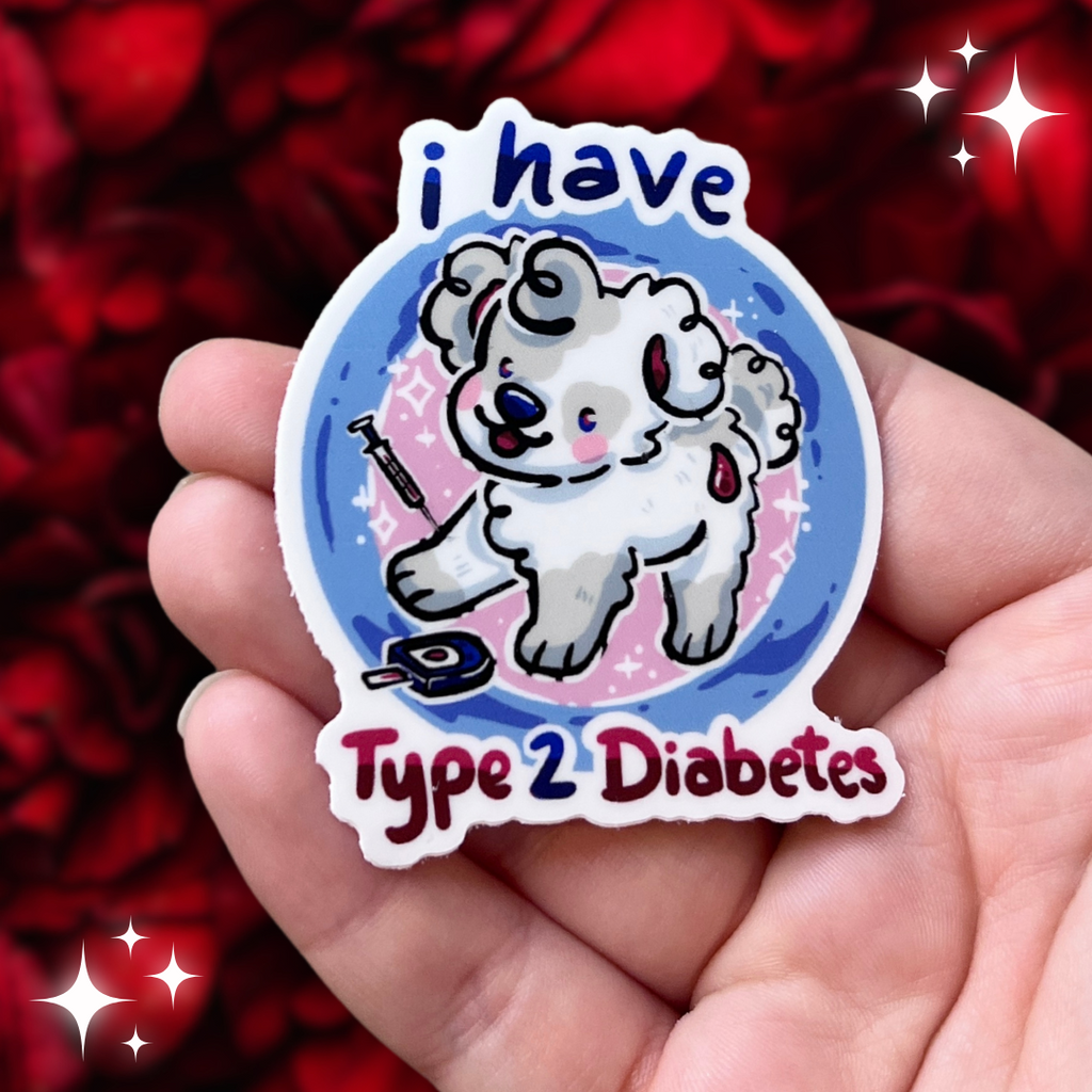 a sticker that says "I have type two diabetes" as well as a puppy. It also features a needle and blood reader.