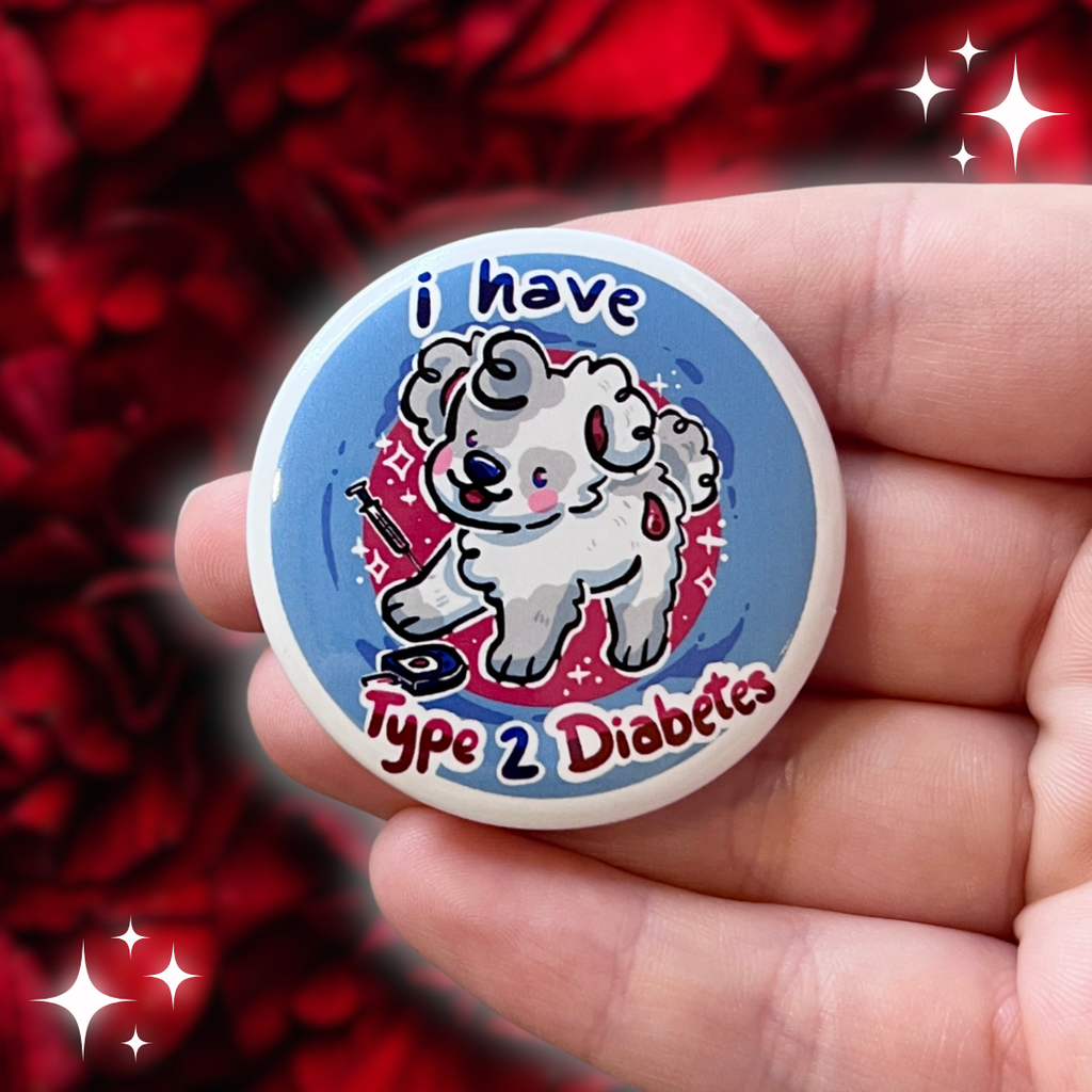 a button that says "I have type two diabetes" as well as a puppy. It also features a needle and blood reader.