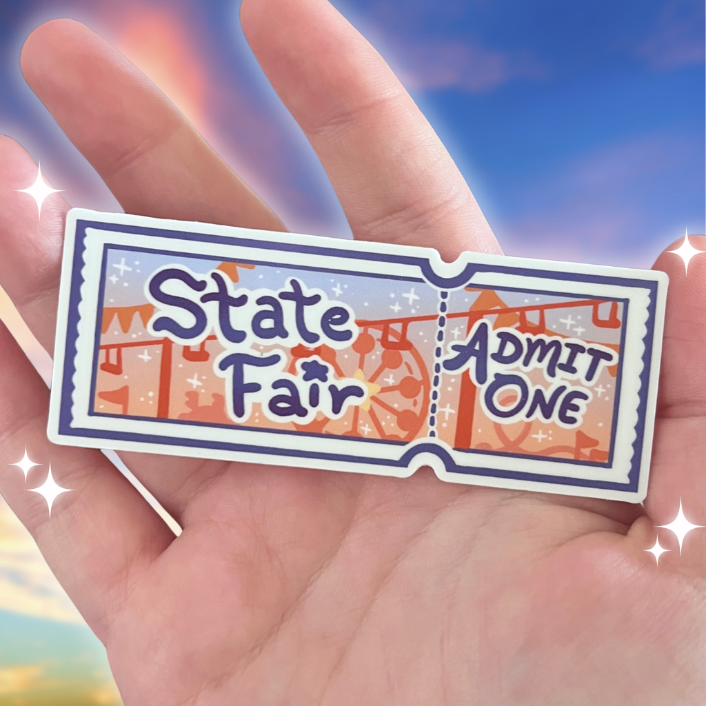 Sticker resembling a 'State Fair Admit One' ticket held in a hand with a colorful background.