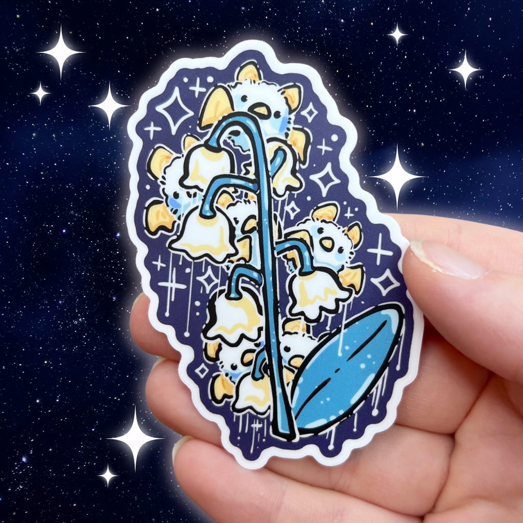 A sticker of a snowdrop flower, with a bunch of Honduran white bats flying around and hiding behind its parts