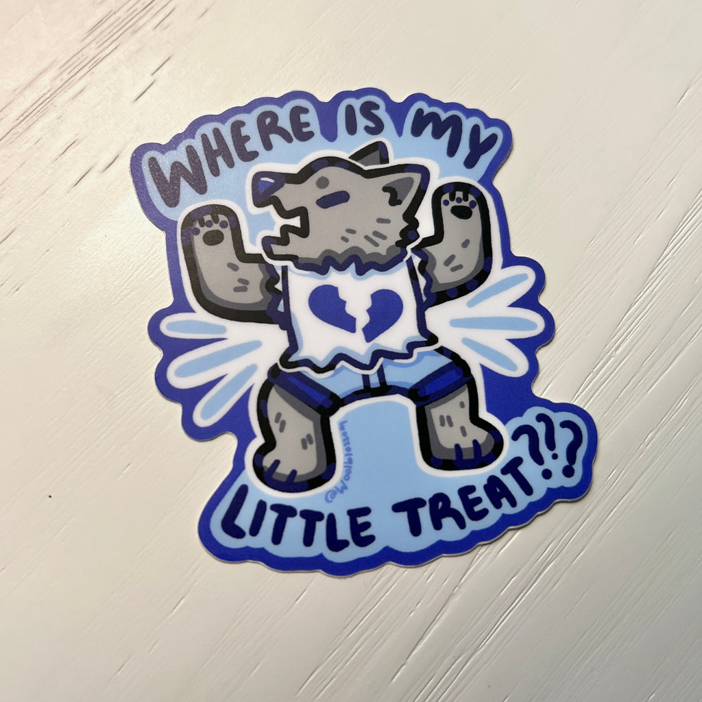 Sticker with a cartoon wolf and text 'WHERE IS MY LITTLE TREAT???' on white