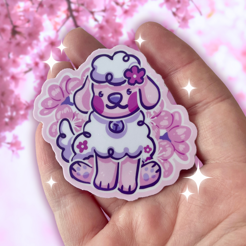 a sticker of cherry blossom the dog sitting with cherry blossoms behind her
