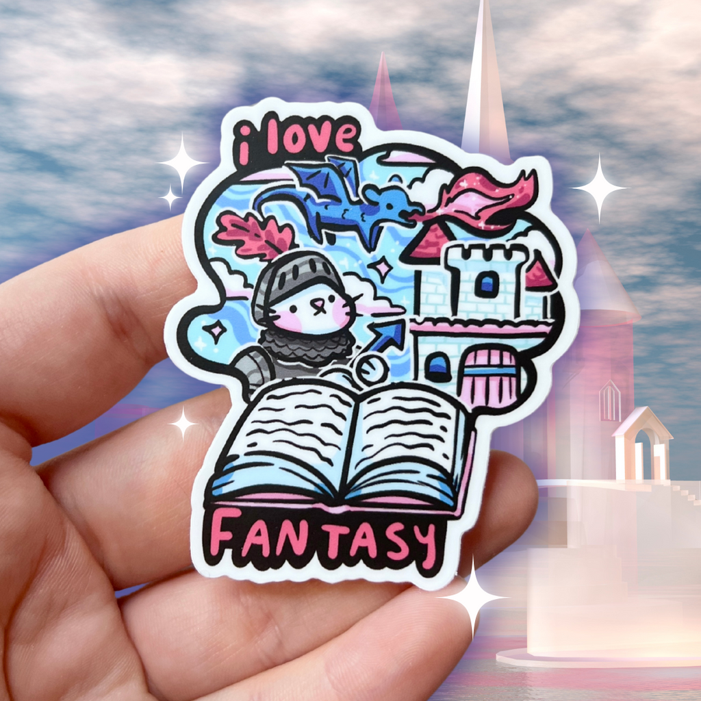 A book genre inspired sticker that says "I love fantasy" and features a knight cat and dragon