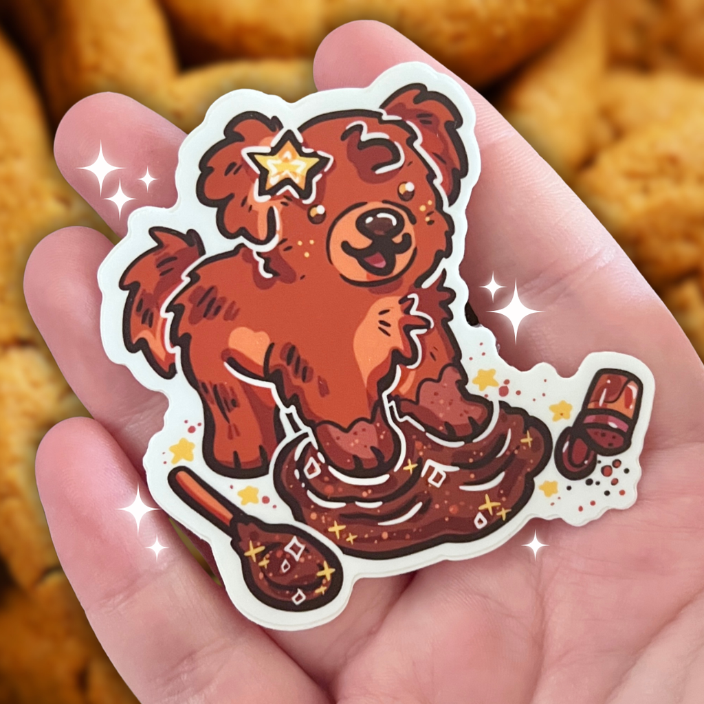 sticker of a puppy baking cinnamon cookies