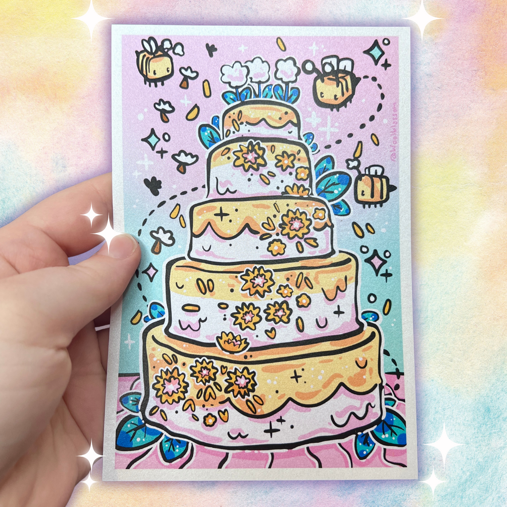 A print of a 5 tier wedding cake with dandelions on it and bees flying around